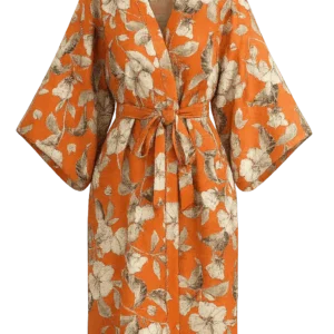 Kimono en soie femme Orange Florale fabriqué en France