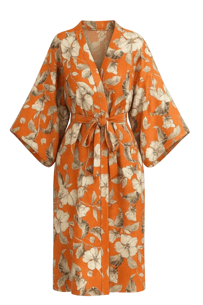 Kimono en soie femme Orange Florale fabriqué en France