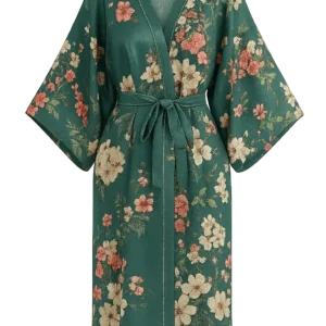 Kimono en soie femme Émeraude Florale fabriqué en France