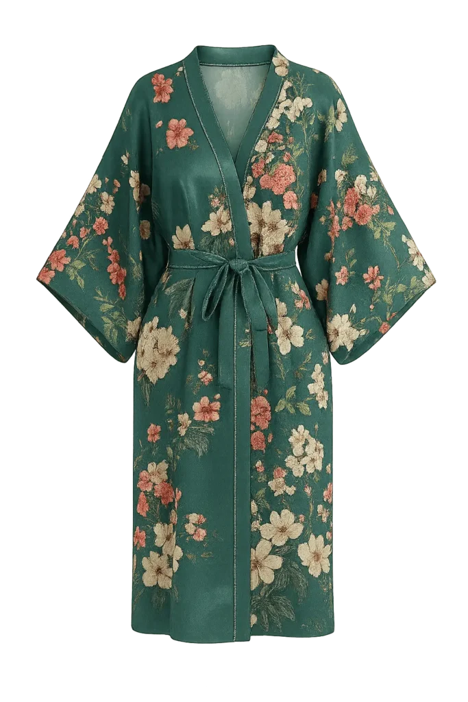 Kimono en soie femme Émeraude Florale fabriqué en France