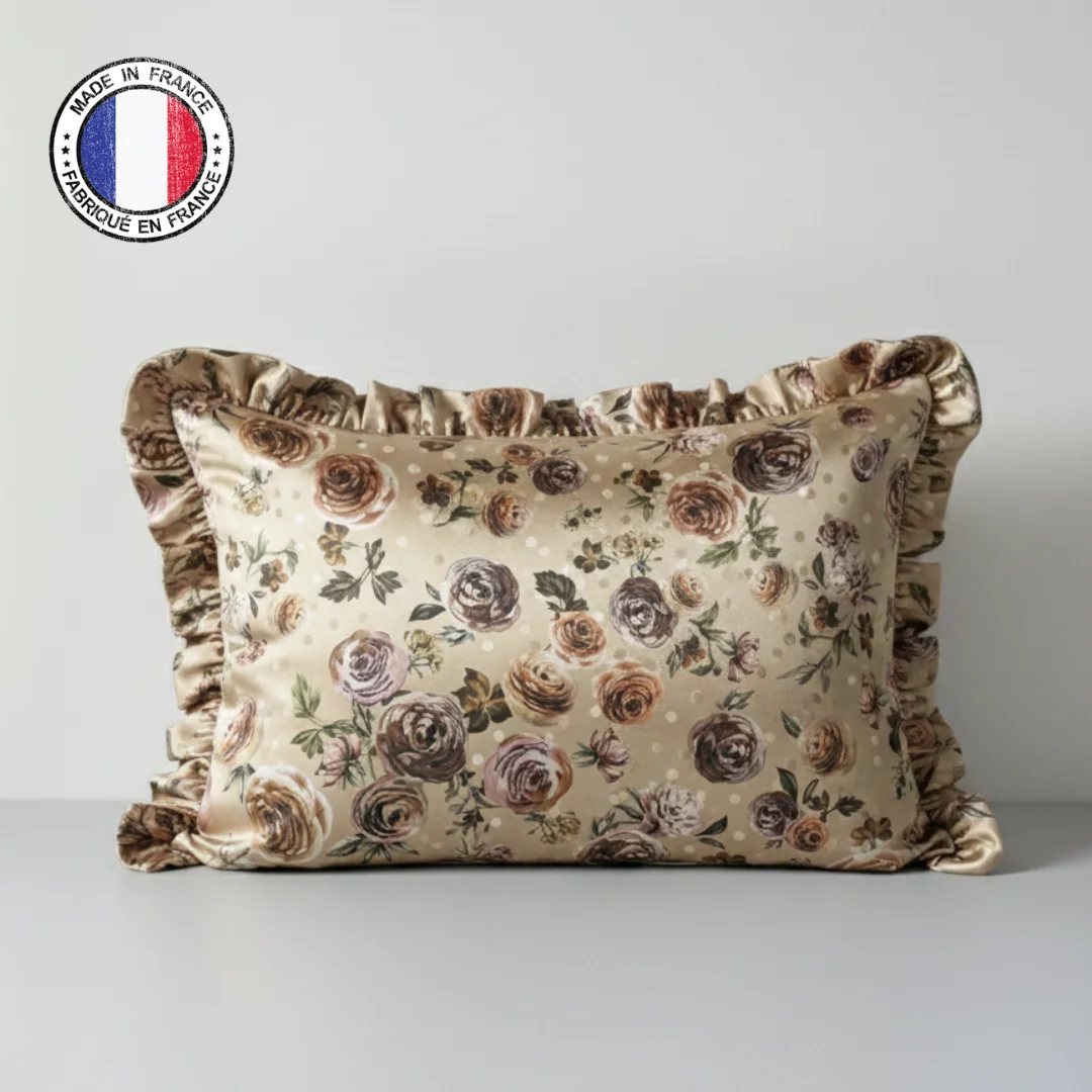 Taie Beige à Fleurs avec volant